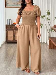 Weeklong 女款大尺碼方領 3D 花朵裝飾短袖抽褶腰口袋休閒度假連身褲 - 卡其色 - 查看 7