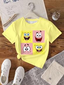 SpongeBob SquarePants | SHEIN 青少年女孩圓領短袖休閒T恤 - 白色 - 查看 7