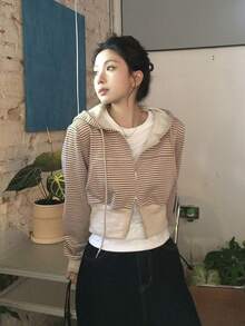 DAZY 女款條紋韓風長袖連帽衛衣 - 杏色 - 查看 5