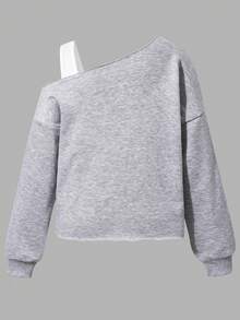SHEIN 女款美式復古字母印花不對稱肩 2合1 吊帶短版運動衫，寬鬆休閒甜辣風 - 灰色 - 查看 2