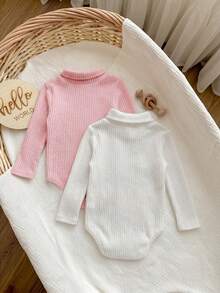 SHEIN 新生兒嬰兒休閒可愛長袖針織純色秋季連身衣2件套 - 粉色 - 查看 2