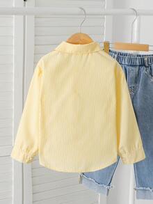 SHEIN Elladie kids 女童新款黃色條紋馬術圖案布料長袖休閒襯衫，適合日常休閒、優雅、度假、時尚、通勤與旅行穿搭 - 黃色 - 查看 2