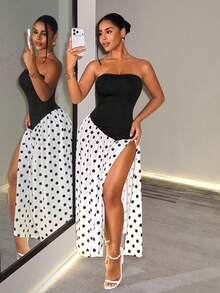 BamGleam Elegant Sexy Bandeau A-Line High Slit Polka Dot Patchwork Women's Dress Day Party Bar Party Black And White Polka Dot Summer - Black and White - View 3