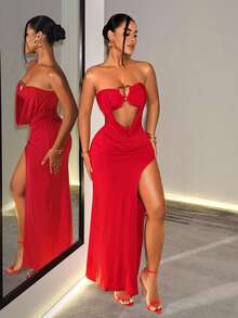 BamGleam Women's Solid Color Hollow Cutout Design Sexy Party Strapless Dress - Red - View 8