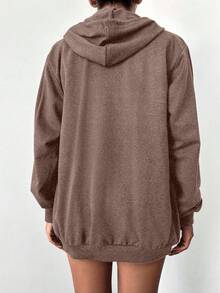 EURMUSE Plus Size 100%Cotton Solid Zip Up Drawstring Hoodie - Brown - View 2