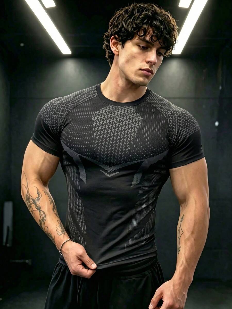 GymBeat Men's Geometric Print Raglan Short Sleeve Sports T-Shirt - Multicolor - View 1