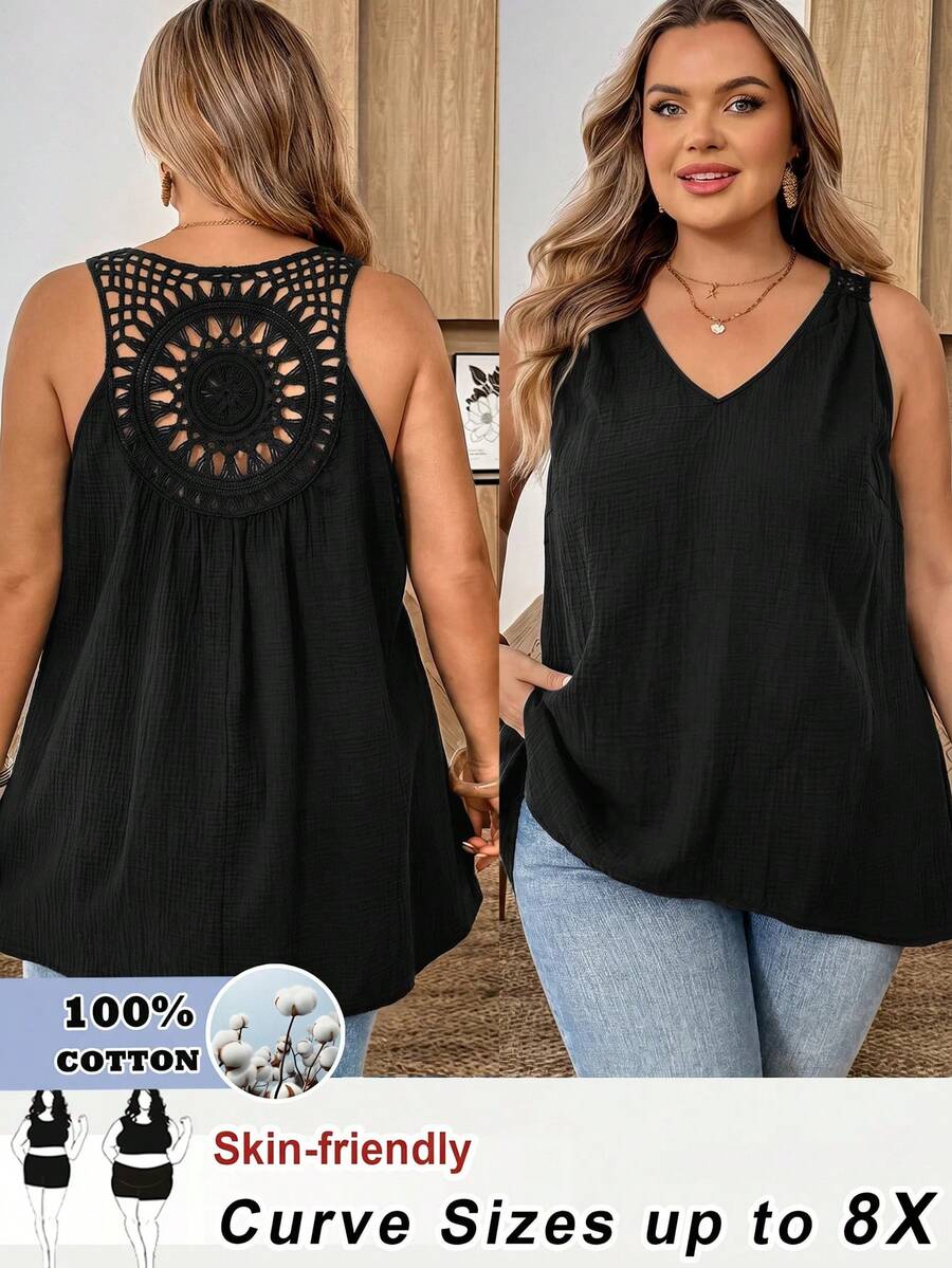 SHEIN CURVE+ 大尺碼百褶紋理V領簡約休閒背心 - 黑色 - 查看 1