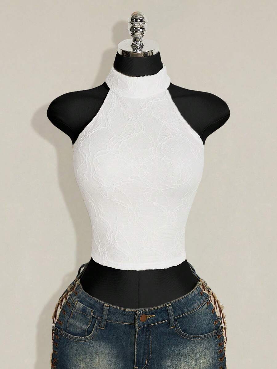 SHEIN ICON 女款素色休閒日常穿搭掛脖上衣 - 白色 - 查看 1