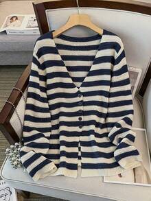 GlowEve CURVE Plus Size Casual Striped V-Neck Long Sleeve Button-Up Cardigan - Blue - View 1