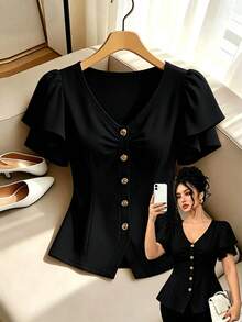 GlowEve CURVE Plus Size Women's Apricot Solid Color V-Neck Waist A-Line Design Elegant Blouse, Suitable For Professional, Formal, Casual, Travel, Party, Spring/Summer - Black - View 3