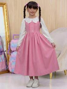 Tween Girl Tween Girl Colorblock Peter Pan Collar Long Sleeve Button Design Elegant Dress - Pink - View 2