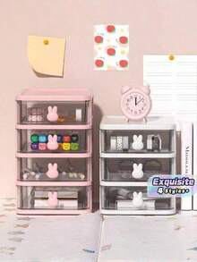 1Pc 4-Layer Drawer Storage Box With Pen Holder, Muti-Functional Office Stationery Desktop Organizer, Cute Rabbit-Shaped Handle Suitable For Dining Table Decoration And Office Desk Accessories. - A - View 1
