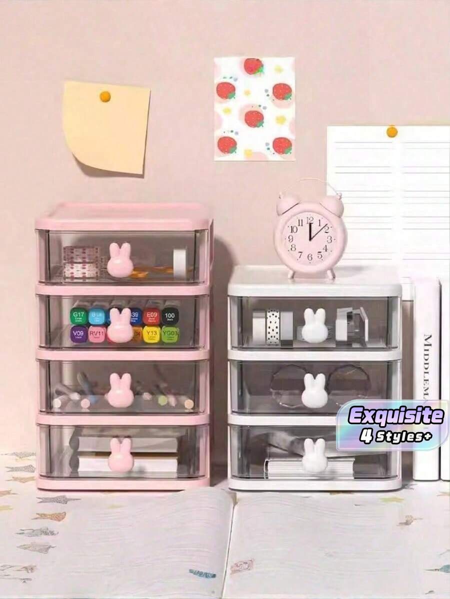 1Pc 4-Layer Drawer Storage Box With Pen Holder, Muti-Functional Office Stationery Desktop Organizer, Cute Rabbit-Shaped Handle Suitable For Dining Table Decoration And Office Desk Accessories. - A - View 1