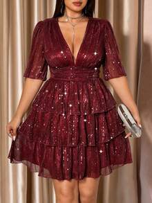 Vionelle 大尺碼派對度假 V 領百褶短袖休閒洋裝，春夏款 - 酒紅色 - 查看 3