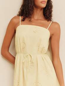 lacRébo Pale Yellow Embroidered Loose Fit Square Neck Midi Dress With Strap At The Waist Summer Holiday Cute French Elegant Cotton Blended Brunch Vacation - Light Yellow - View 3