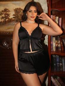 Divavoom 2pcs/Set High Elasticity Fabric Lace Patchwork Camisole Pajama Set - Black - View 1