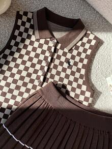 Comfortcana Women's Equestrian Preppy Retro Vintage 70s 80s Embroidered Plaid Contrast Color Knit Vest And Pleated Mini Skirt 2 Pieces Set Shades Of Brown Autumn - Brown - View 3