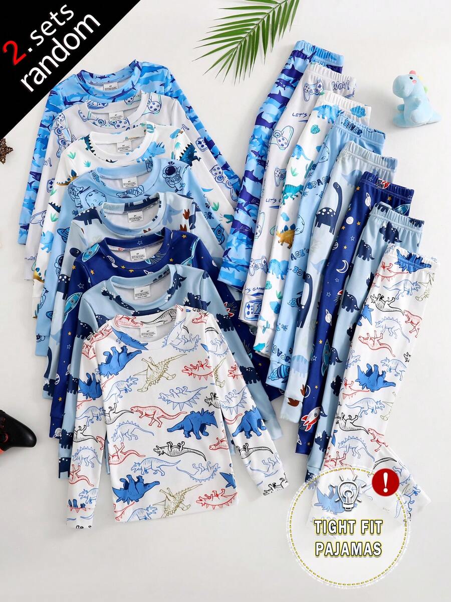 8套隨機發送 2歲小男孩居家服,幼兒可愛卡通印花長袖褲子針織修身睡衣家居服套裝,秋季柔軟舒適 - 彩色 - 查看 1