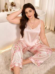 MuseNap CURVE Plus Size Women's 2-Piece Pajama Set, Satin Solid Color Top And Floral Print Pants - Pink - View 3