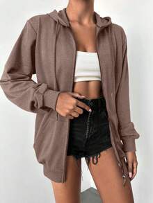 EURMUSE Plus Size 100%Cotton Solid Zip Up Drawstring Hoodie - Brown - View 5