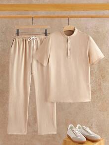 HIMLAND Men's Button Half-Placket Short Sleeve Shirt And Drawstring Waist Pocket Pants Set - Khaki - View 1