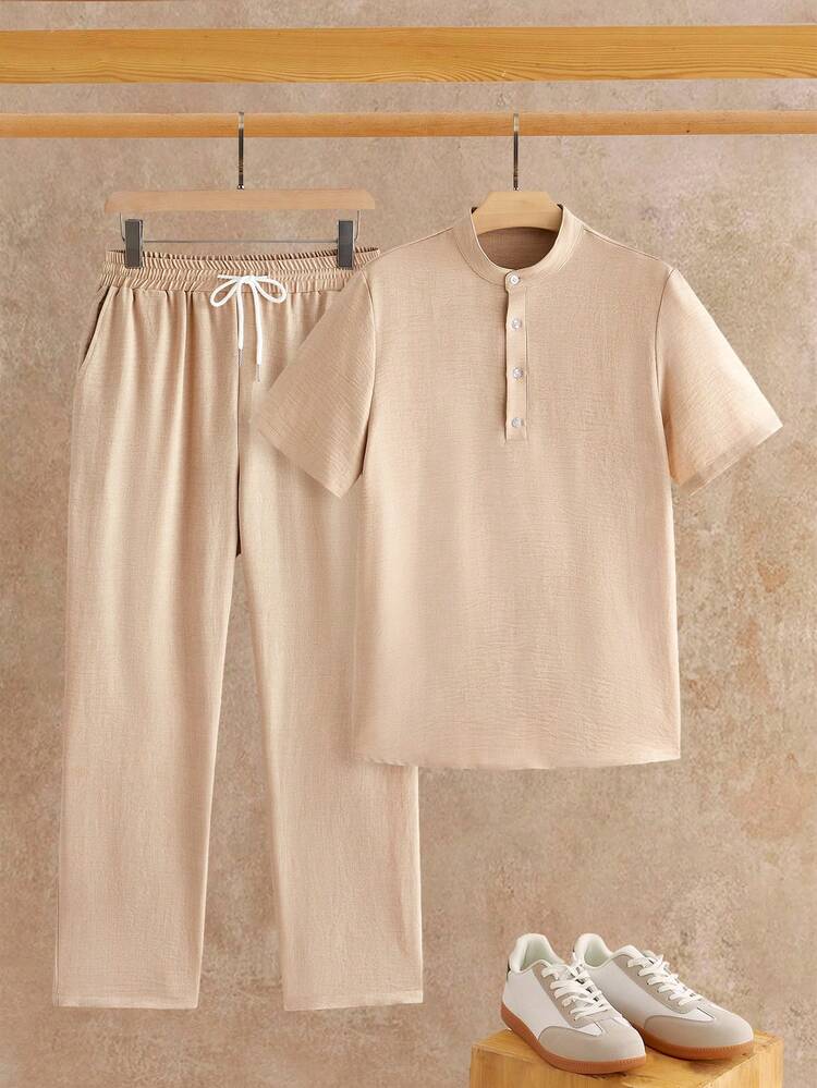 HIMLAND Men's Button Half-Placket Short Sleeve Shirt And Drawstring Waist Pocket Pants Set - Khaki - View 1