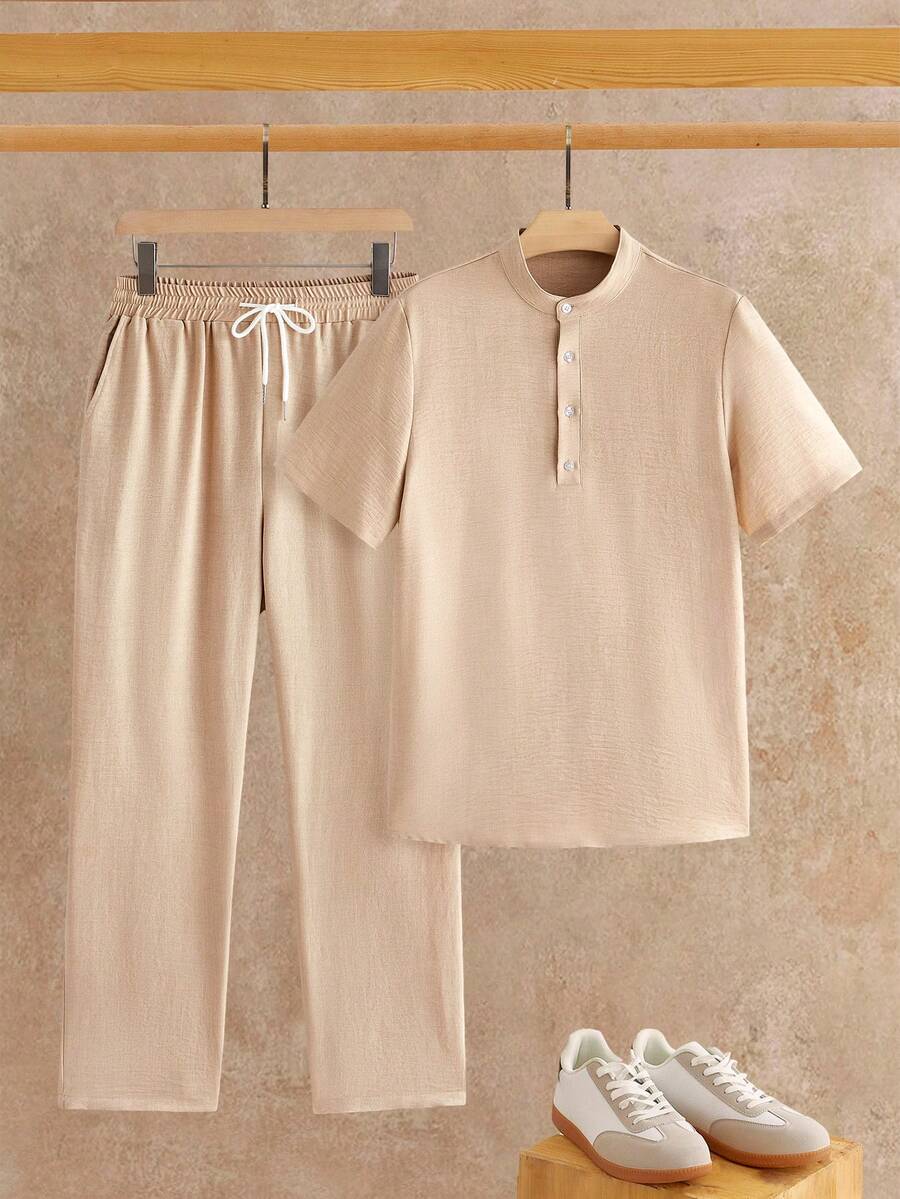 HIMLAND Men's Button Half-Placket Short Sleeve Shirt And Drawstring Waist Pocket Pants Set - Khaki - View 1