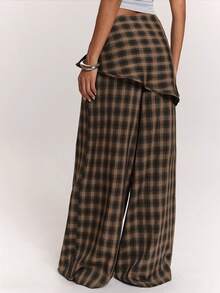 SHEIN BAE Women's Daily Wear Versatile Brown Checkered Plaid Scarf-Style Loose Wide Leg Long Pants/Work Going Out Long Pants/Outdoor/Airport/Vintage Autumn - Brown - View 3