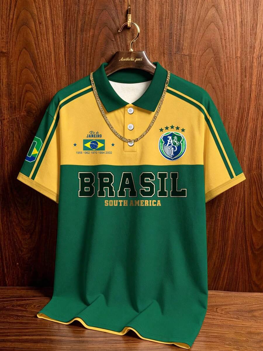 Manfinity Campus Court 復古美式風格 Polo 衫,綠色夏季休閒高爾夫 Brasil 字樣與五星徽章印花,黃綠對比寬鬆男士圖案 T 恤,足球 - 彩色 - 查看 1