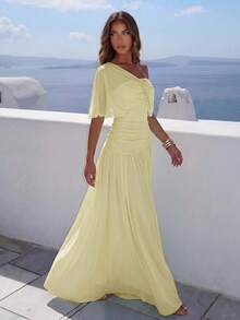 Aloruh Women's Elegant Solid Color Asymmetrical Collar Long Dress Vacation Pale Yellow Summer - Light Yellow - View 5