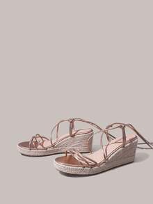 Styleloop Women Shoes Champagne Colorful Hollow Straw Strap Heel Platform Sandals, Bohemian Vacation Style, A Must For Summer Travel - Champagne - View 2