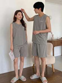 DAZY 男士夏季字母印花灰色背心和短裤休闲服套装睡衣 - 灰色 - 查看 13