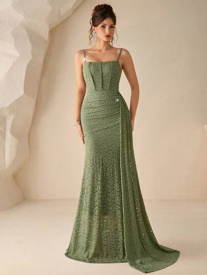 Coutiva Vestido de Noite Formal Feminino de Cor Sólida com Renda e Decoração de Strass (Estilo de Trabalho Pesado)
