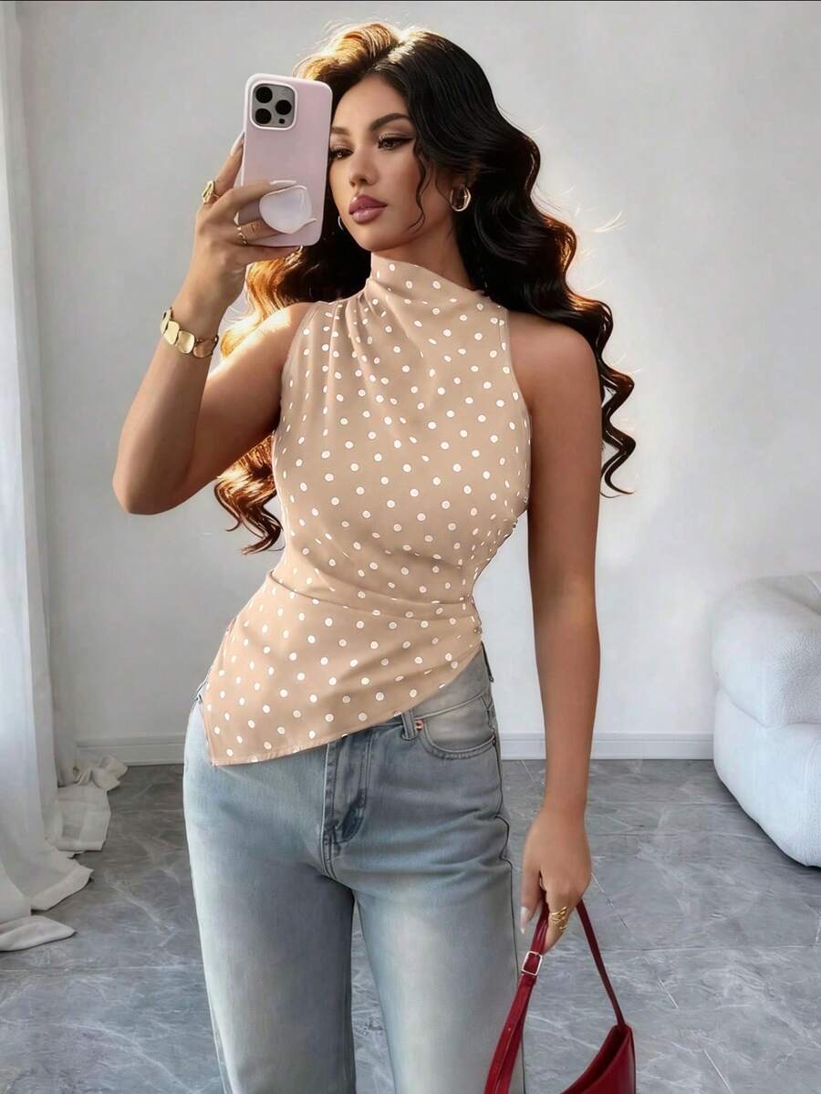 Rafferiza 女款紅色波點修身不對稱下擺背心 - 卡其色 - 查看 1