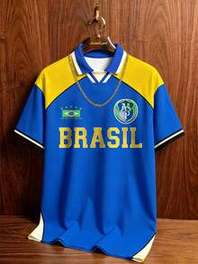 Manfinity Campus Court Men's Plus Size Vintage Brazil Team Polo Shirt With Collar,Blue And Yellow Color Block Loose Casual Jersey,Summer,Streat Wear,Beach Football T-Shirt - Multicolor - View 1
