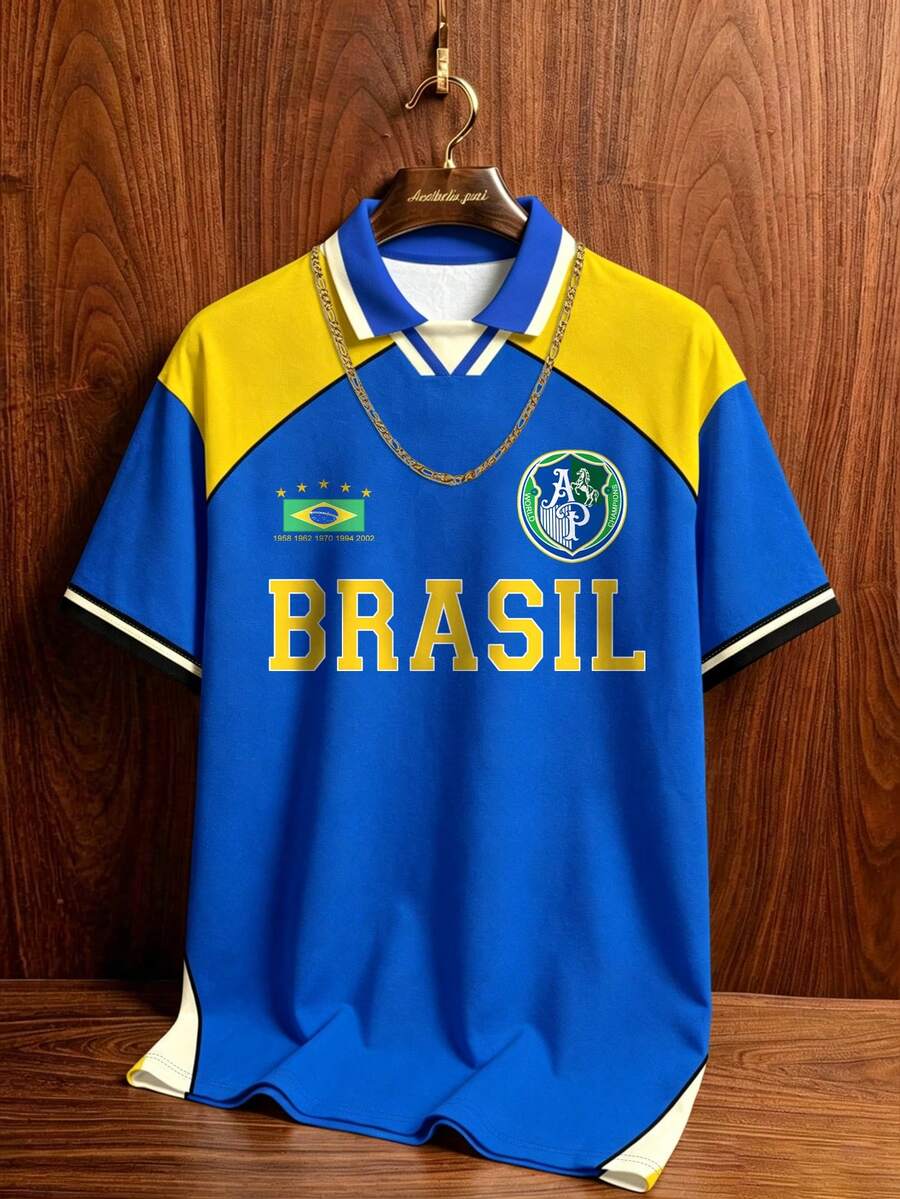 Manfinity Campus Court Men's Plus Size Vintage Brazil Team Polo Shirt With Collar,Blue And Yellow Color Block Loose Casual Jersey,Summer,Streat Wear,Beach Football T-Shirt - Multicolor - View 1