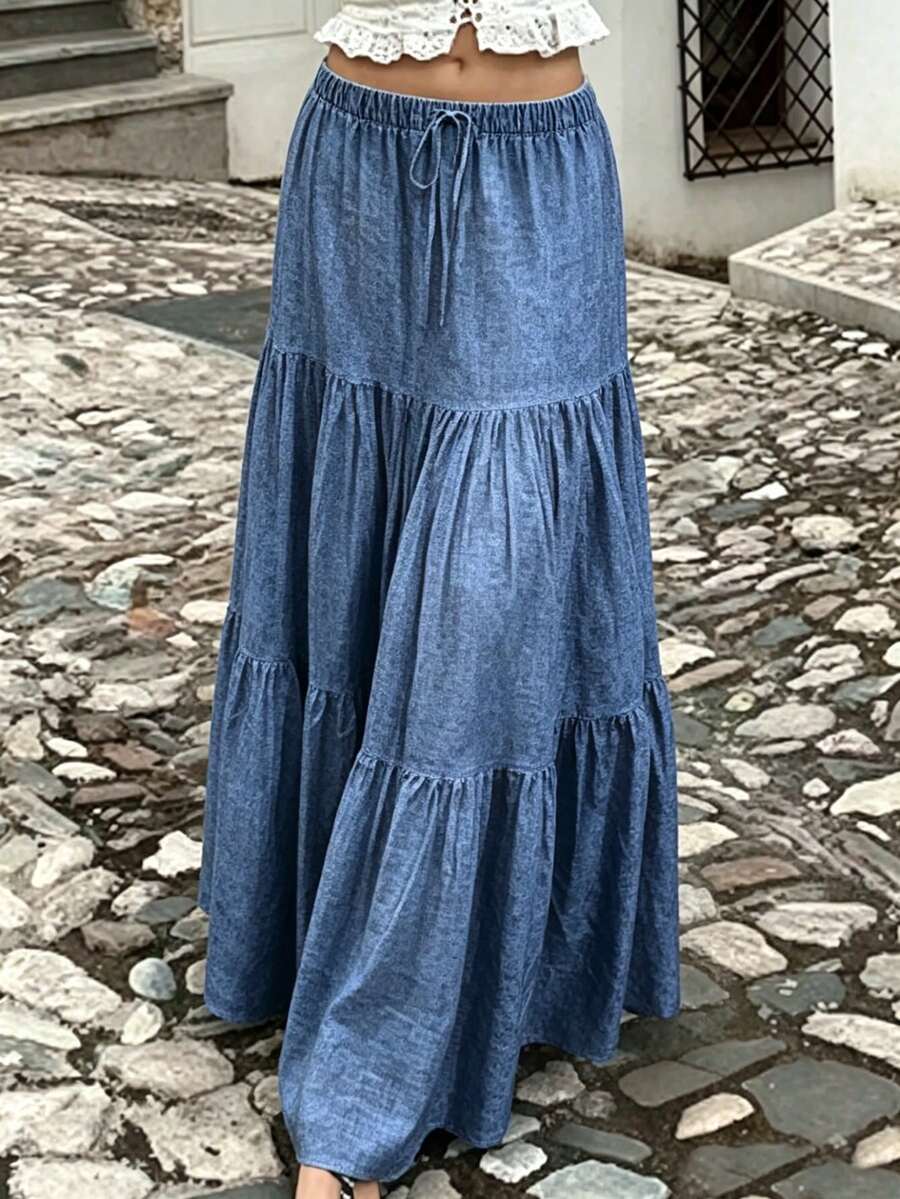 Jade & Ember Women's Drawstring Waist Ruched Casual Boho Versatile Everyday Skirt Picnic Vacation Denim Blue Fall - Blue - View 1