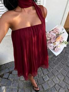 Sunnyshic Solid Color Pleated Bandeau A-Line Mini Dress - Burgundy - View 6
