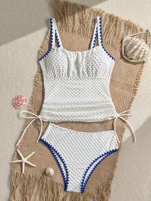 Swim Lushoire Mature Sexy Thin Striped Special Fabric Long Pants Swimsuit Top And High Waist Triangle Bikini Bottom 2 Pieces Set - White - View 7