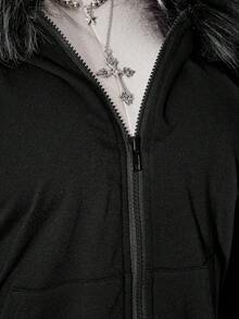 SHEIN ICON 大尺碼女款 Y2K 復古毛領拼接休閒運動外套夾克，附口袋 - 黑色 - 查看 9