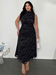 Firerie Plus Size Spring/Summer New Arrival Stand Collar Sleeveless Ruched Flared Hem Elegant Romantic Date Tea Party Cocktail Graduation Dress Casual Commute Stretch Ruched Sleeveless Dress For Women - Black - View 5