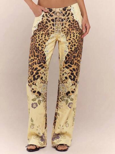 MUSERA Peacock Print Lace Up Straight Leg Printed Jeans Coo