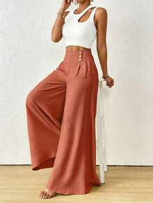 SHEIN Raffinéa Pantalones casuales de pierna ancha de unicolor para mujer para vacaciones - Rojo - Ver 5