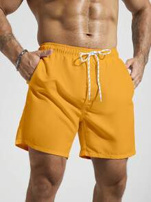 Manfinity KASUA Men's Solid Color Drawstring Waist Pocket Casual Beach Shorts - Yellow - View 4