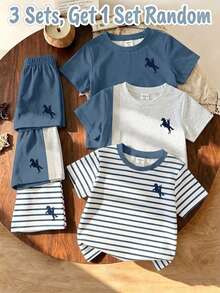Random 3 Sets Get 1 Set Blue & Grey Contrast Color Grey & Blue Baby Casual Fashion Classic Knight Print Crew Neck Short Sleeve T-Shirt & Shorts Set - Multicolor - View 3