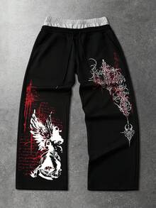 ROMWE MEN Street Life Men's Straight Leg Drawstring Pocket Print Sweatpants - Black - View 6