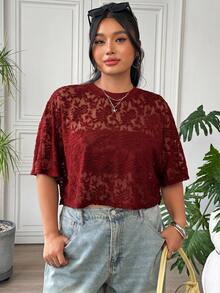 SHEIN EZwear 大尺碼女款花卉網紗圓領短袖寬鬆上衣 - 紅色 - 查看 6