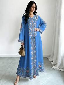 SHEIN Najma 花卉植物印花深紅色女款時尚V領長袖洋裝，優雅阿拉伯風春夏季長版大碼洋裝 - 彩色 - 查看 4