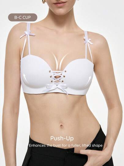 Bralution Wireless Padded Bra With Crisscross Straps, Push-Up Support, White, Bow Detail, Women's Lingerie