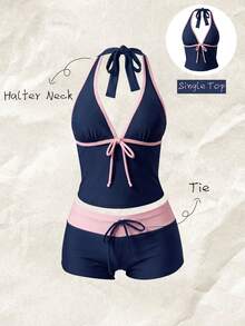 Elavelle Top de bikini de tirantes finos con lazo y estampado aleatorio para mujer, primavera/verano - Multicolor - Ver 1